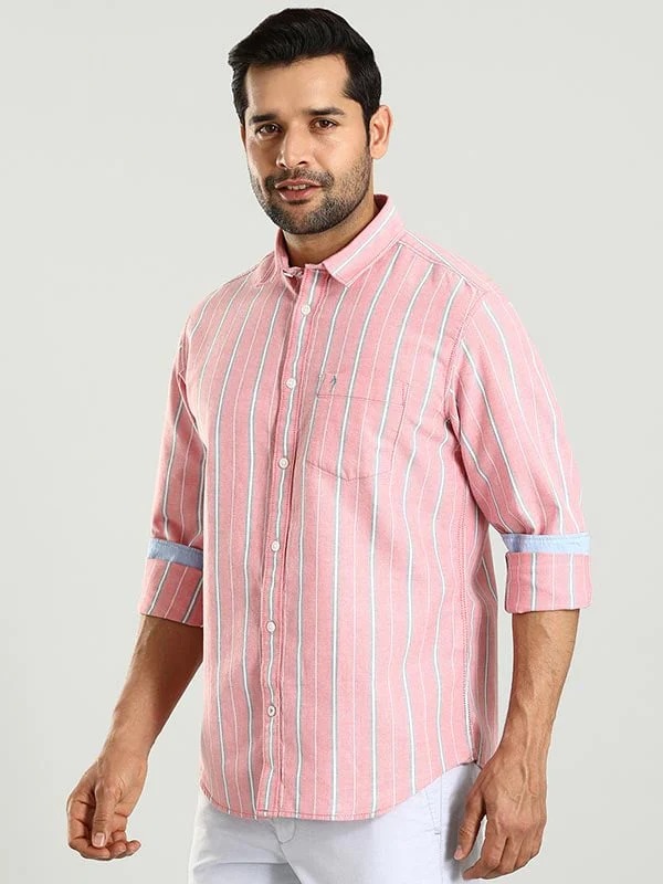Indian Terrain Men's Regular Fit Full Sleeve Striped Pink Shirt